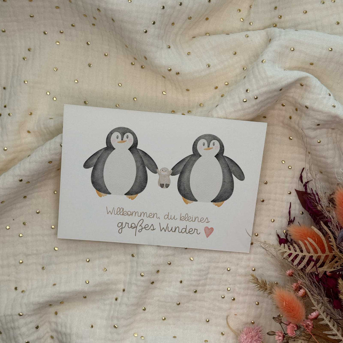 Postkarte zur Geburt Pinguin