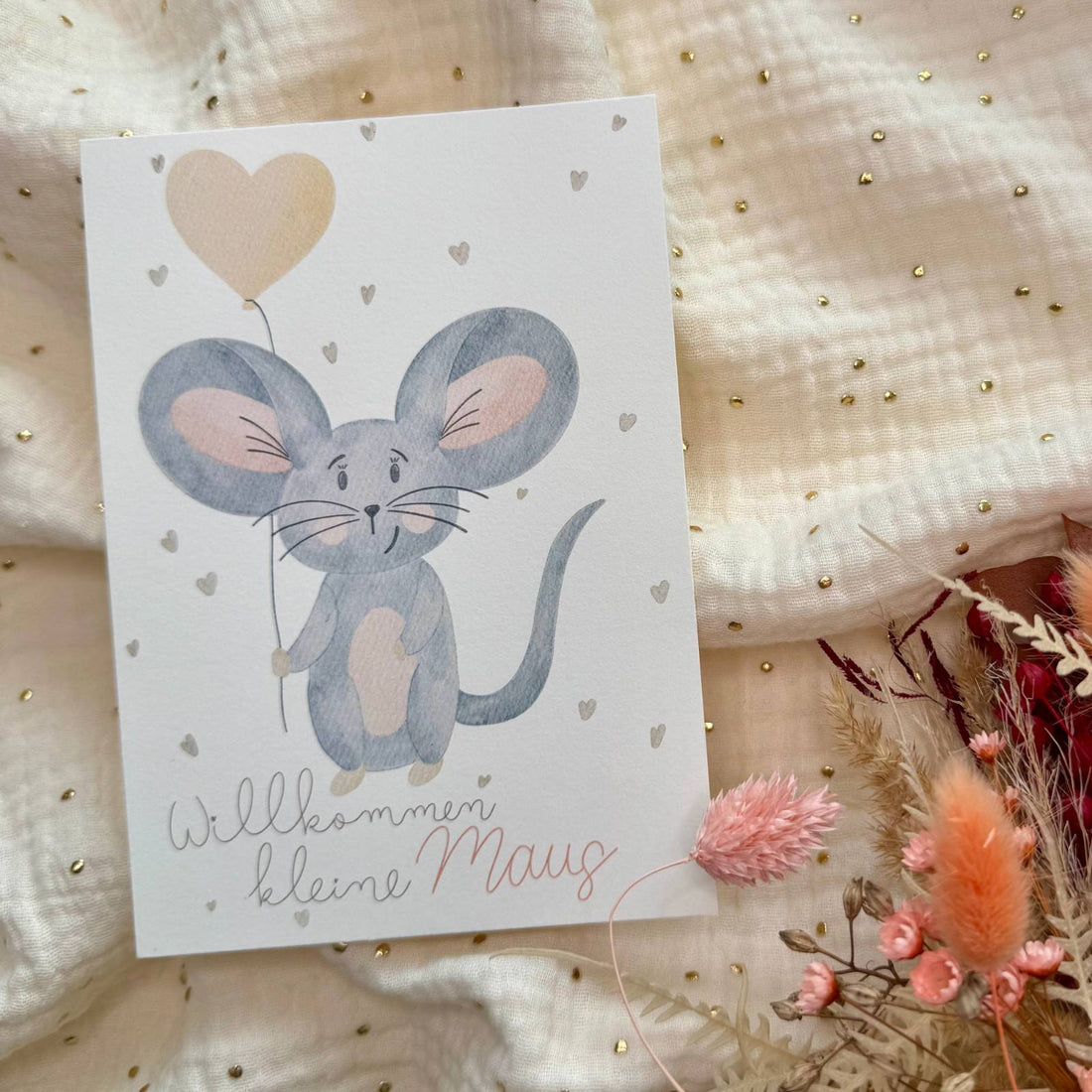 Postkarte zur Geburt Maus
