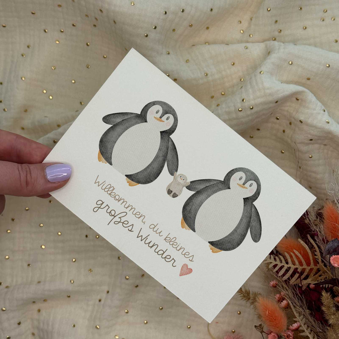 Postkarte zur Geburt Pinguin