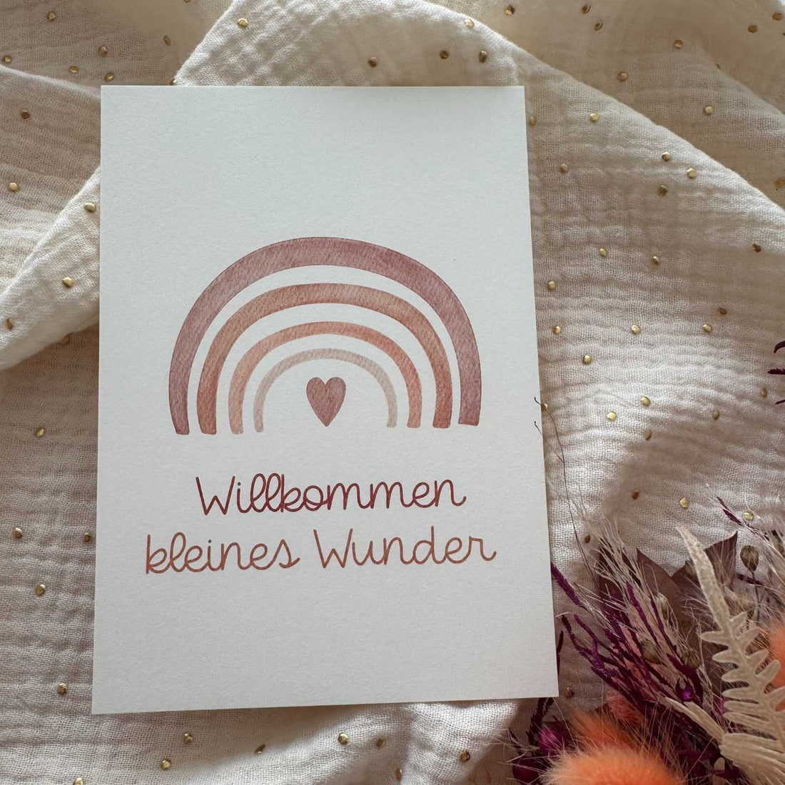 Postkarte zur Geburt Regenbogen rosa