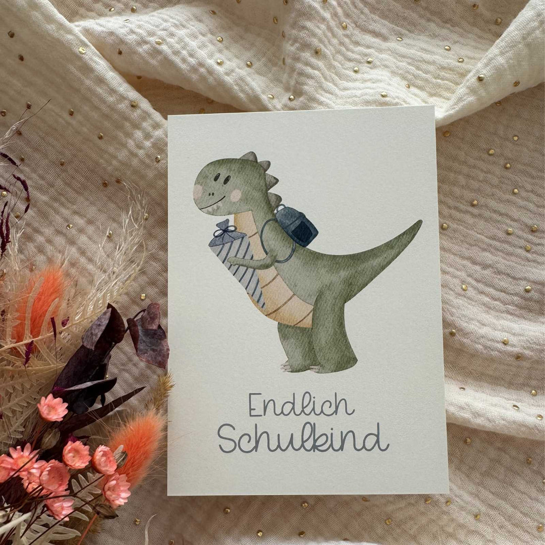 Postkarte Einschulung Dino