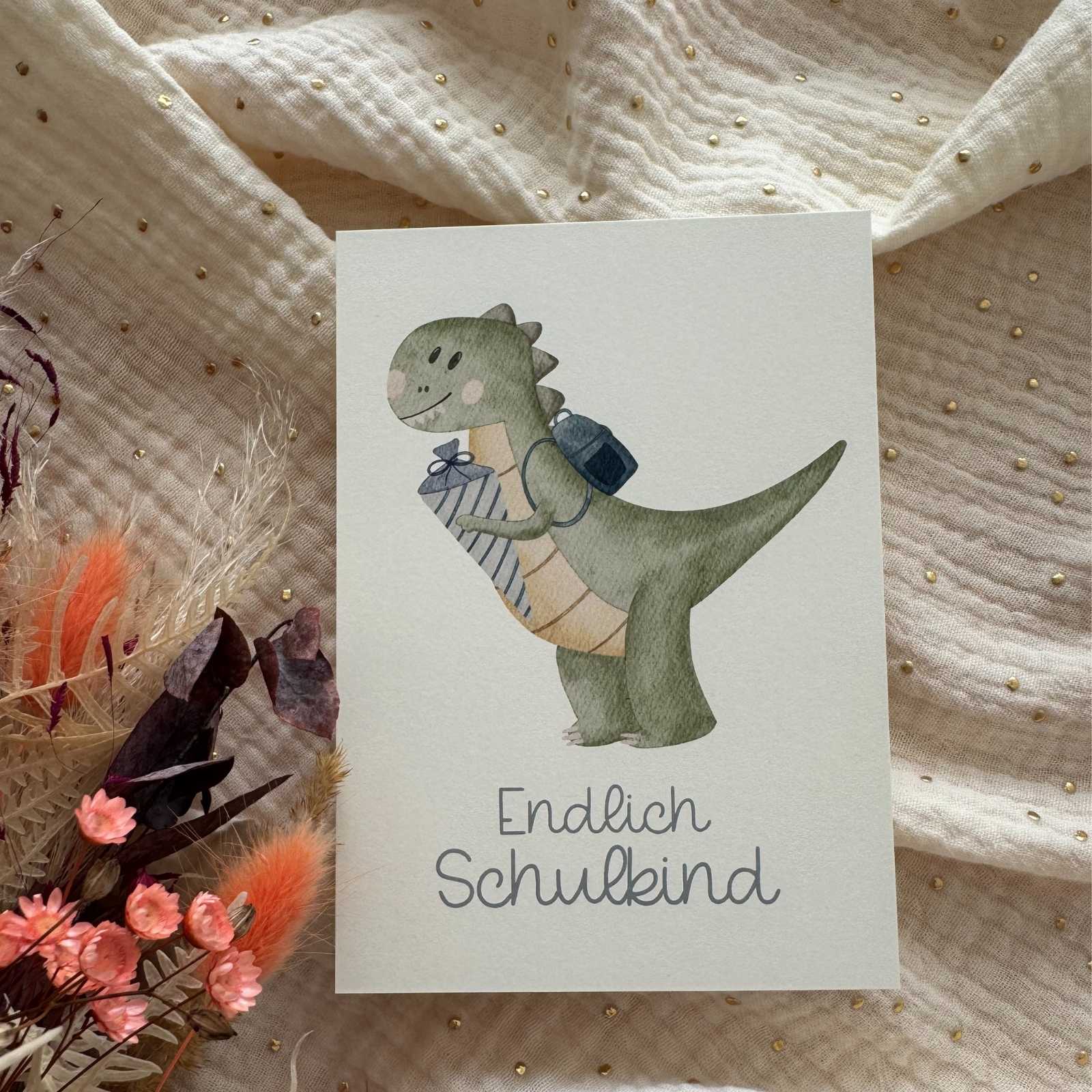 Postkarte Einschulung Dino