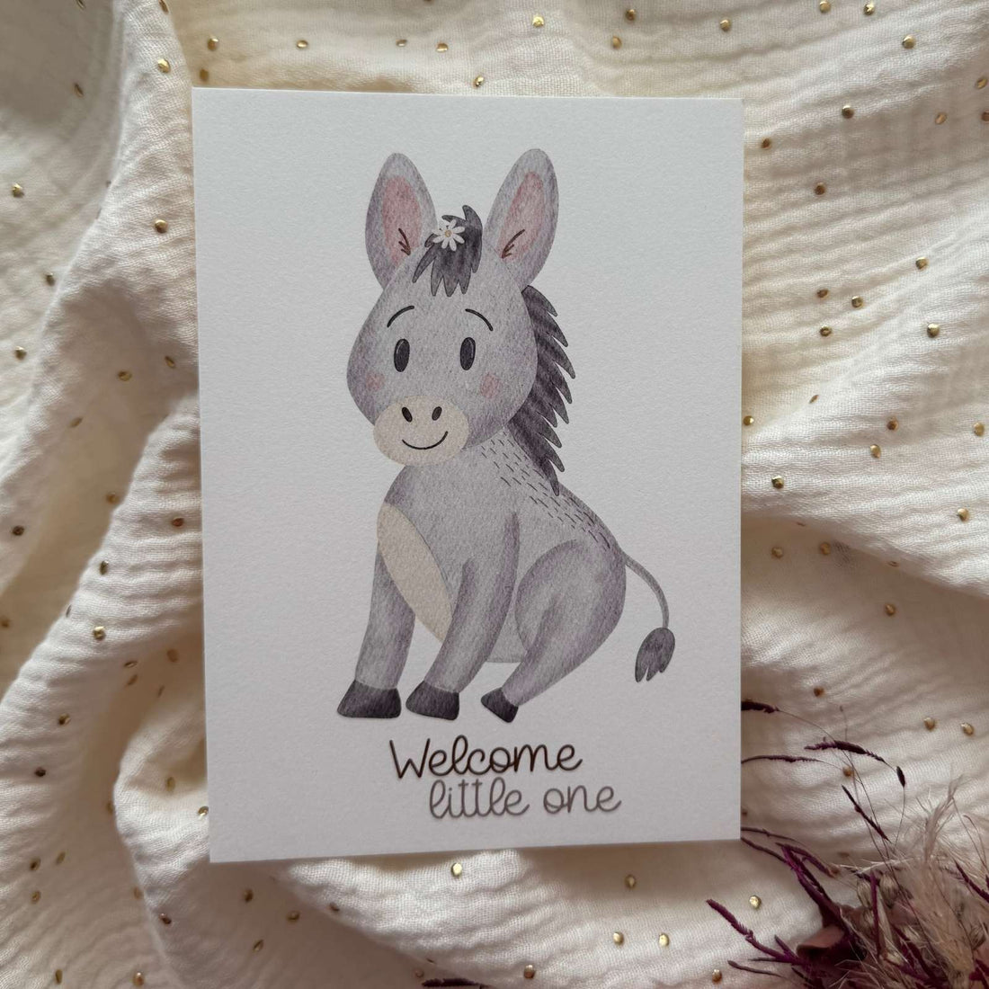 Postkarte zur Geburt Esel